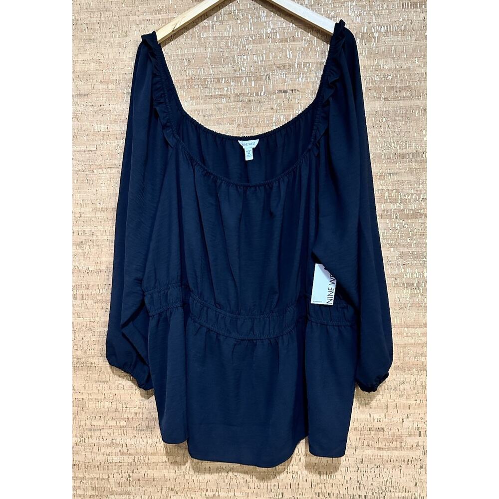 Nine West Top Womens Black Squareneck Peplum Blouse Stretch Elastic Cuff Plus 5X - Picture 2 of 5